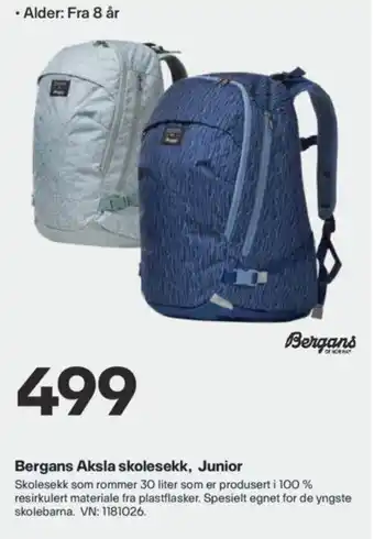 XXL Sport Bergans Aksla Skolesekk, Junior tilbud