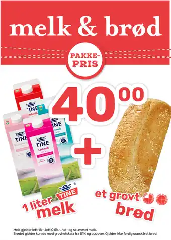 Matkroken 1 Liter melk Tine+ et gruvt brød tilbud