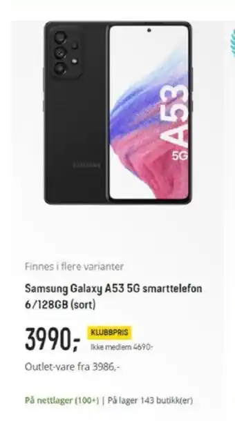 Elkjøp Samsung Galaxy A53 5G Smarttelefon 6/128GB (Sort) tilbud