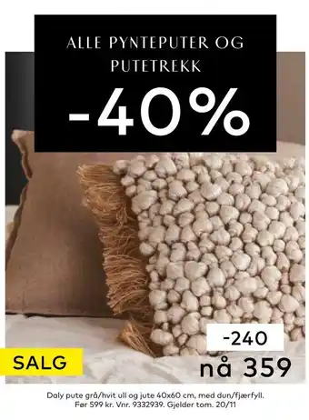 Skeidar Daly pute grå/hvit ull og jute 40x60 cm tilbud