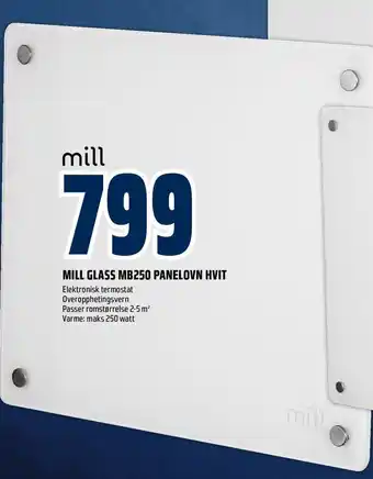 Obs Bygg Mill Glass MB250 Panelovn HVIT tilbud