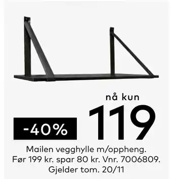 Skeidar Mailen vegghylle m/oppheng tilbud