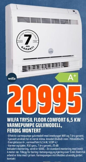 Obs Bygg Wilfa Trysil Floor Comfort 6.5 Kw Varmepumpe Gulvmodell, Ferdig Montert tilbud