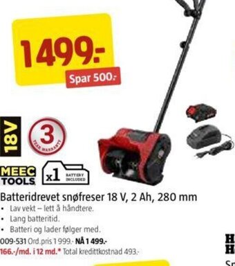 Jula Batteridrevet Snøfreser 18V , 2 Ah , 280mm tilbud