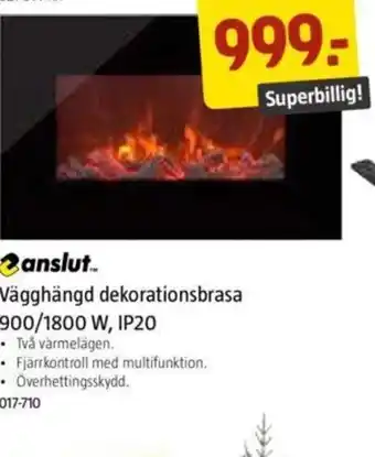 Jula Vägghängd Dekorationsbrasa 900/1800W, IP20 tilbud