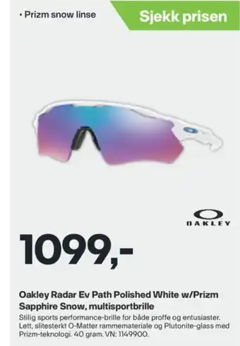 XXL Sport Oakley Radar Ev Path Polished White W/Prizm Sapphire Snow, Multisportbrille tilbud