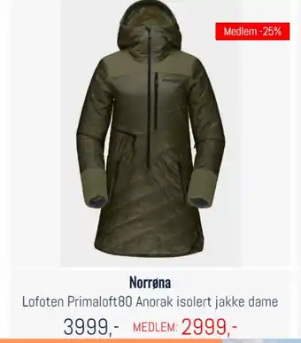 Oslo Sportslager Norrøna Lofoten Primaloft80 Anorak isolert jakke dame tilbud