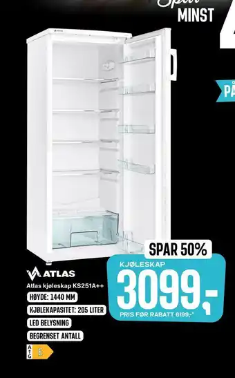 Skousen Atlas kjøleskap ks251a++ tilbud