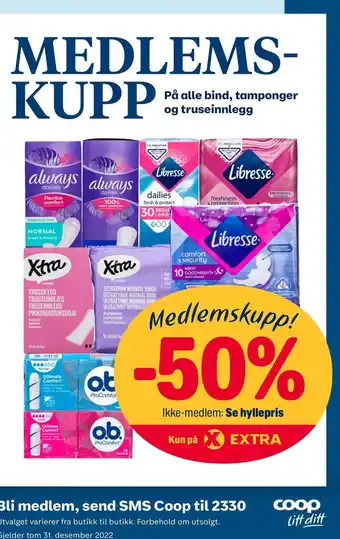 Coop Extra På alle bind, tamponger og truseinnlegg tilbud