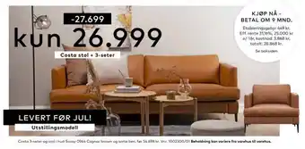 Skeidar Costa 3-seter og stol i hud savoy 0964 cognac brown og sorte ben tilbud