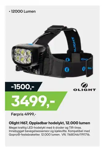 XXL Sport Olight h67, oppladbar hodelykt, 12000 lumen tilbud
