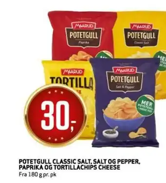 Bunnpris Potetgull Classic Salt, Salt Og Pepper, Paprika Og Tortilla Chips Cheese tilbud