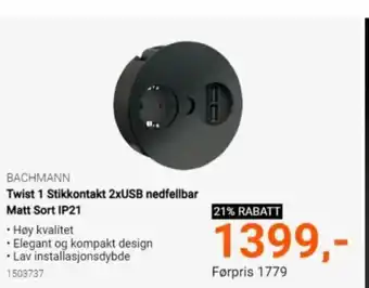 Twist 1 Stikkontakt 2xUSB Nedfellbar Matt Sort IP21