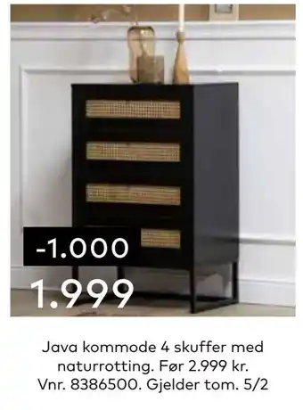 Skeidar Java kommode 4 skuffer med naturrotting tilbud