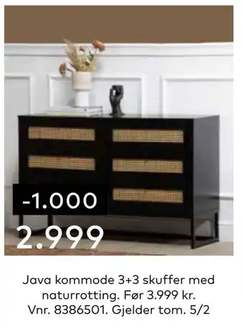 Skeidar Java kommode 3+3 skuffer med naturrotting tilbud