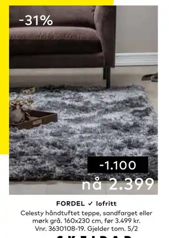 Skeidar Celesty håndtuftet teppe, sandfarget eller mørk grå tilbud