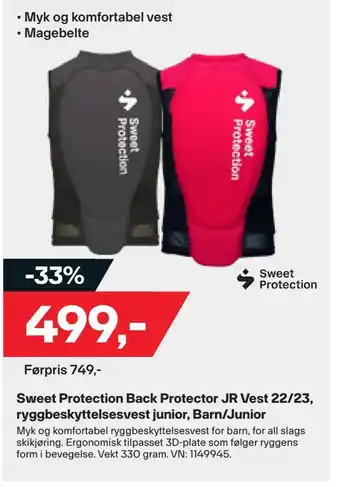 XXL Sport Sweet protection back protector jr vest 22/23, ryggbeskyttelsesvest junior, barn/junior tilbud