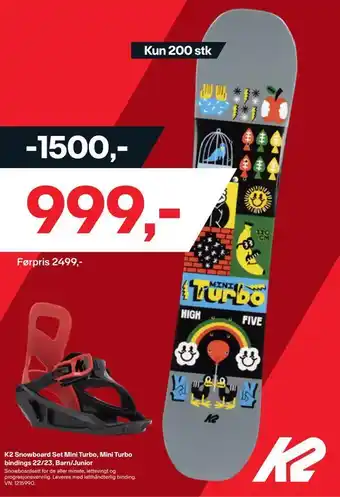 XXL Sport K2 snowboard set mini turbo, mini turbo bindings 22/23, barn/junior tilbud
