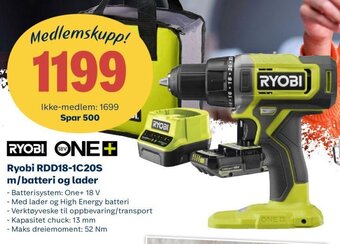 Obs Bygg Ryobi RDD18-1C20S m/batteri og lader tilbud