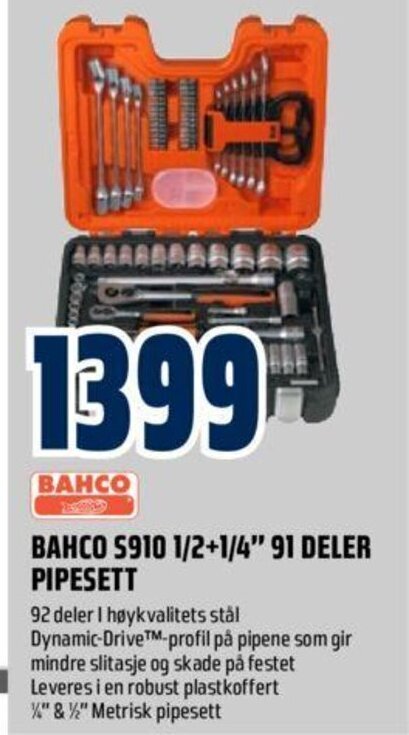 Obs Bygg Bahco S910 1/2+2/4 91 Deler Pipesett tilbud