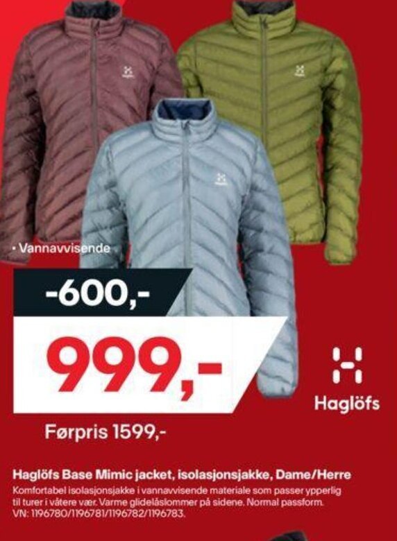 XXL Sport Haglöfs Base Mimic jacket, isolasjonsjakke, Dame/ Herre tilbud