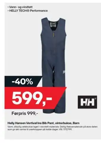 XXL Sport Helly Hansen Vertival Ins Bib Pant,Vinterbukse Barn tilbud