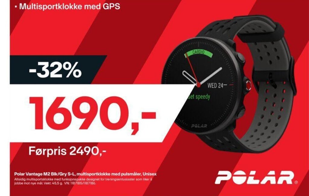 XXL Sport Polar Vantage M2 Blk/ Gry S-L,multisportklokke med pulsmåler,Unisex tilbud