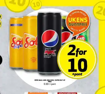 Bunnpris Pepsi max,·lime, solo reg.- super og 7 up tilbud