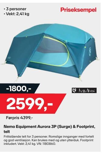 XXL Sport Nemo equipment aurora 3p (surge) & footprint, telt tilbud