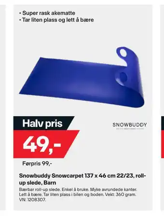 XXL Sport Snowbuddy snowcarpet 137 x 46 cm 22/23, roll up slede, barn tilbud