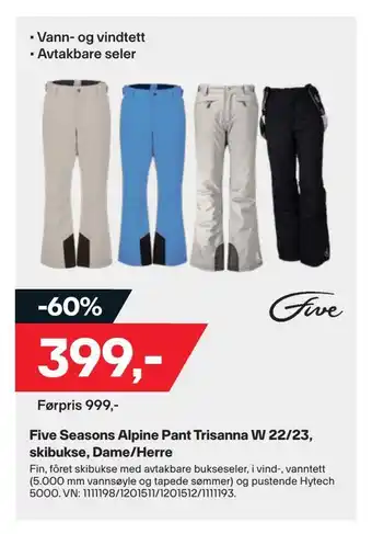 XXL Sport Five seasons alpine pant trisanna w 22/23, skibukse, dame/herre tilbud