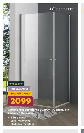 Megaflis Celeste rett dusjhjørne 90x90x190 cm m/ sik kerhetsfolie, satin tilbud