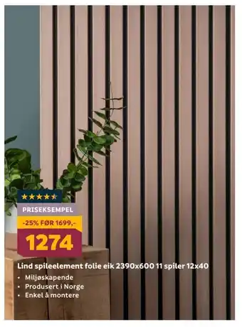 Megaflis Lind spileelement folie eik 2390x600 11 spiler 12x40 tilbud