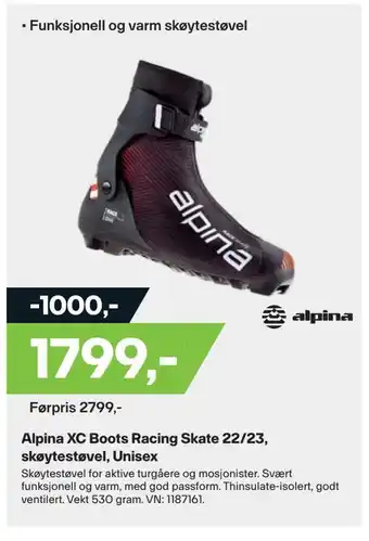 XXL Sport Alpina xc boots racing skate 22/23, skøytestøvel, unisex tilbud