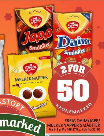 Coop Mega Freia daim/japp/ melkeknapper småbiter tilbud