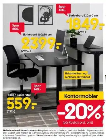 Rusta Skrivebord med simon kontorstol tilbud