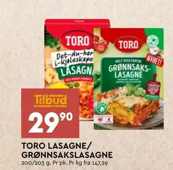 Coop Mega Toro lasagne/ grønnsakslasagne tilbud