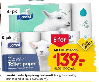 Rusta Lambi toalettpapir og tørkerull tilbud