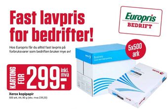 Europris Xerox kopipapir tilbud