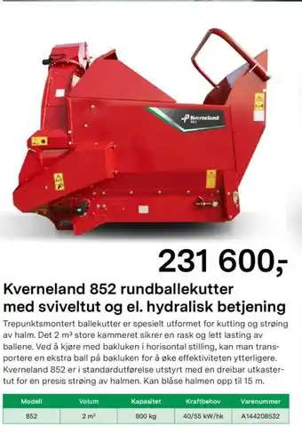 Felleskjøpet Kverneland 852 Rundballekutter Med Sviveltut Og el. Hydralisk Betjening tilbud