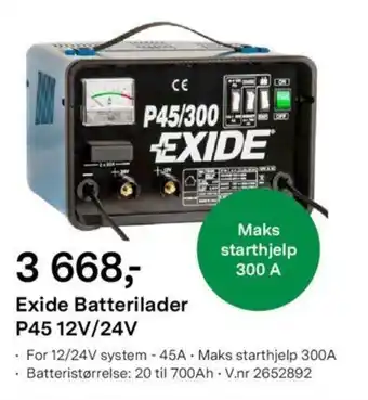 Felleskjøpet Exide Batterilader P45 12V/24V tilbud