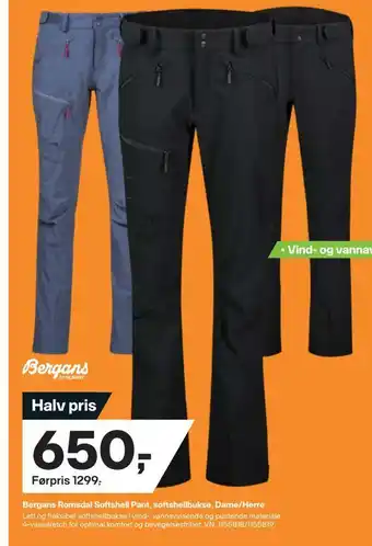 XXL Sport Bergans romsdal softshell pant, softshellbukse, dame/herre tilbud