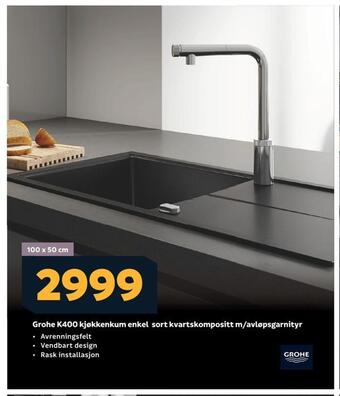 Megaflis Grohe k400 kjøkkenkum enkel sort kvartskompositt m/avløpsgarnityr tilbud
