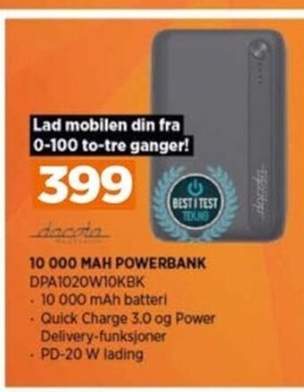 POWER 10 000 Mah Powerbank DPA1020W10KBK tilbud