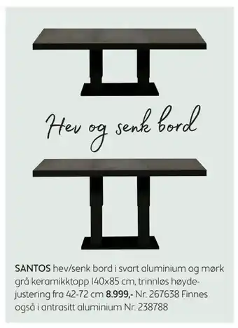 Bohus Santos hev/senk bord tilbud