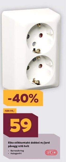 Megaflis Elko Stikkontakt Dobbel m/jord Påvegg RS16 Hvit tilbud