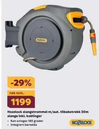 Megaflis Hozelock Slangetrommel m/aut. Tilbaketrekk 30m Slange Inkl. Koblinger tilbud
