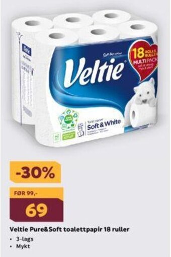 Megaflis Veltie Pure & Soft Toalettpapir 18 Ruller tilbud