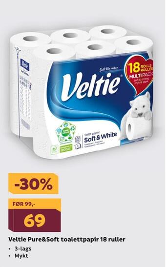 Megaflis Veltie pure&soft toalettpapir 18 ruller tilbud