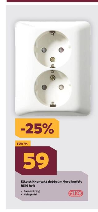 Megaflis Elko stikkontakt dobbel m/jord innfelt rs16 hvit tilbud